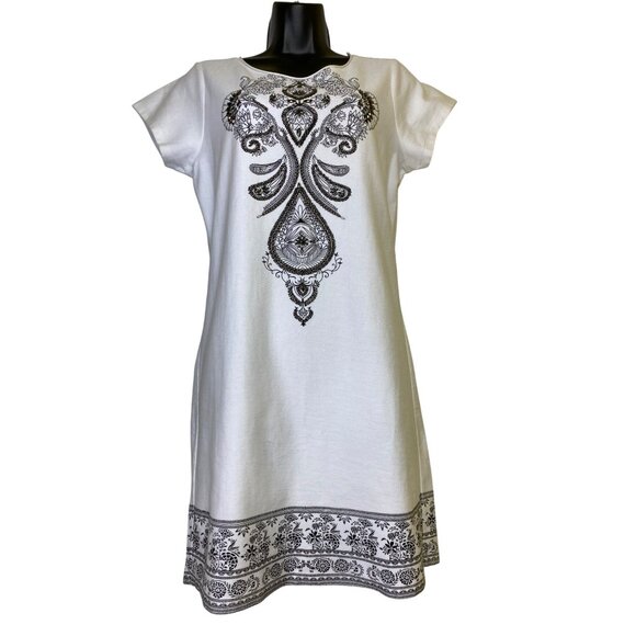 Venus Beaded Black & White Short Sleeve Dress Small Boho Classic Cute Hippie Y2K - Picture 1 of 5